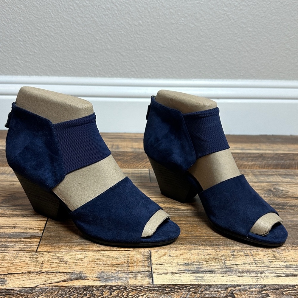 Eileen Fish Navy Blue Suede Block Heel Open Toe Sandal with Mesh Strap